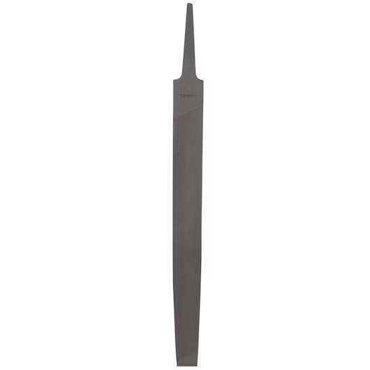 The STANLEY 10 IN SINGLE-CUT FLAT MILL BASTARD FILE is a flat, rectangular metal file with a tapered tang, perfect for precise shaping and smoothing of metal or wood in detailed tasks.